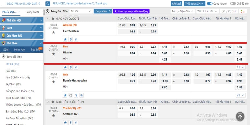 Tỷ lệ cược nhà cái ấn định trong trận Đức vs Ukraine